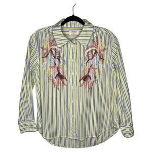 Camomilla Women's Blouse Size 12 Yellow Stripe Cher Embroidered Cotton Southern